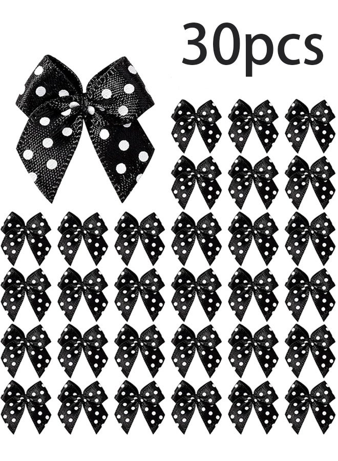 30Pcs 1" Mini Satin Ribbon Bows, Small Tiny Black Polka Dot Bows for Crafts, Handmade DIY Sewing, Wedding Birthday Baby Shower Party Gift Wrapping Boxes, Scrapbooking Decorations - Image 1